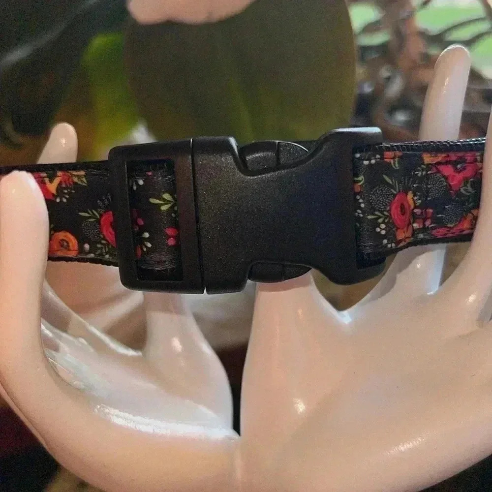 Dog Collar Orange Pink Floral Black Extra Large Heavy Duty Quick Release Collar - Picture 3 of 16